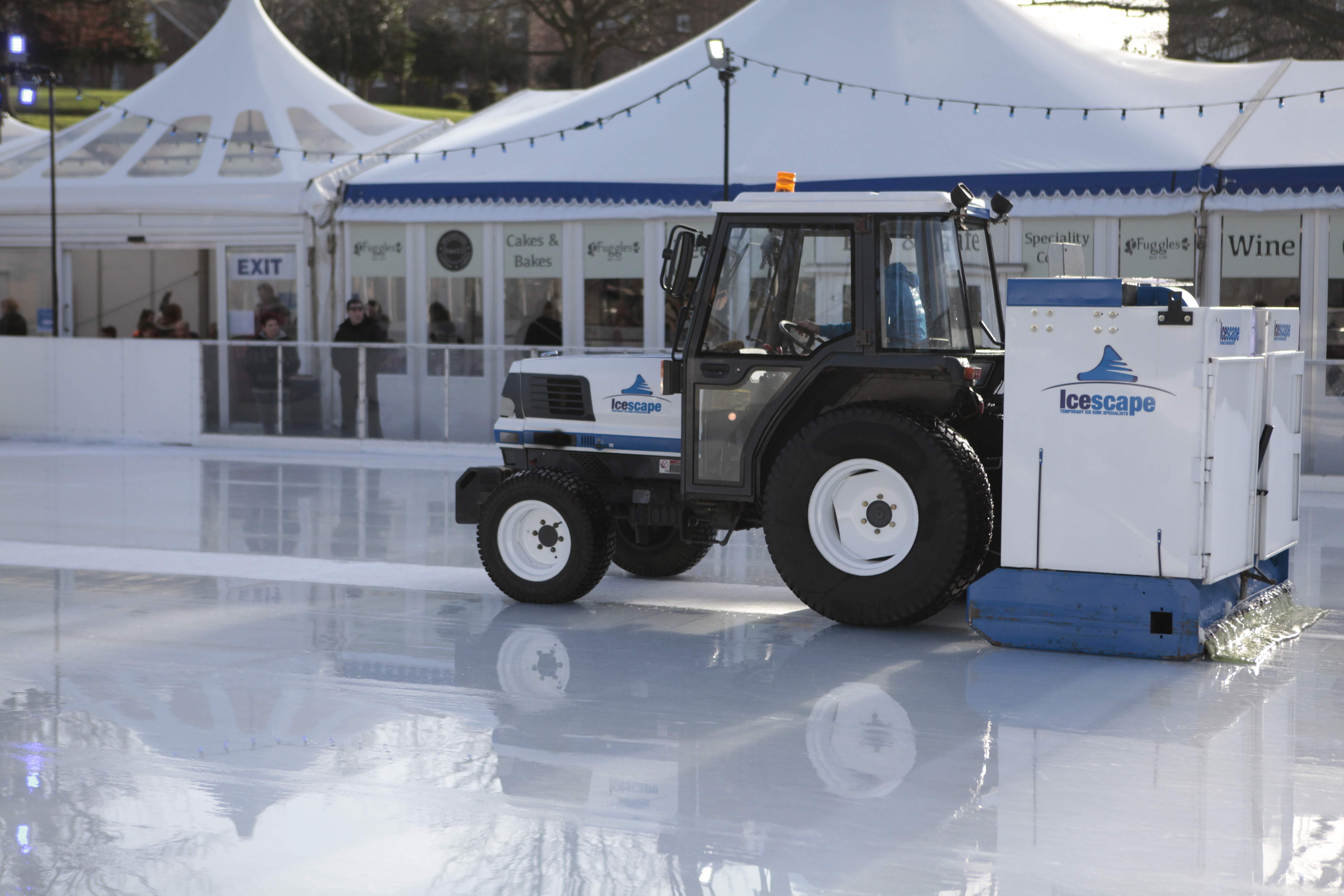 Icescape Ltd ice resurfacer tractor resurfacing the winter ice rink at Tunbridge Wells. 