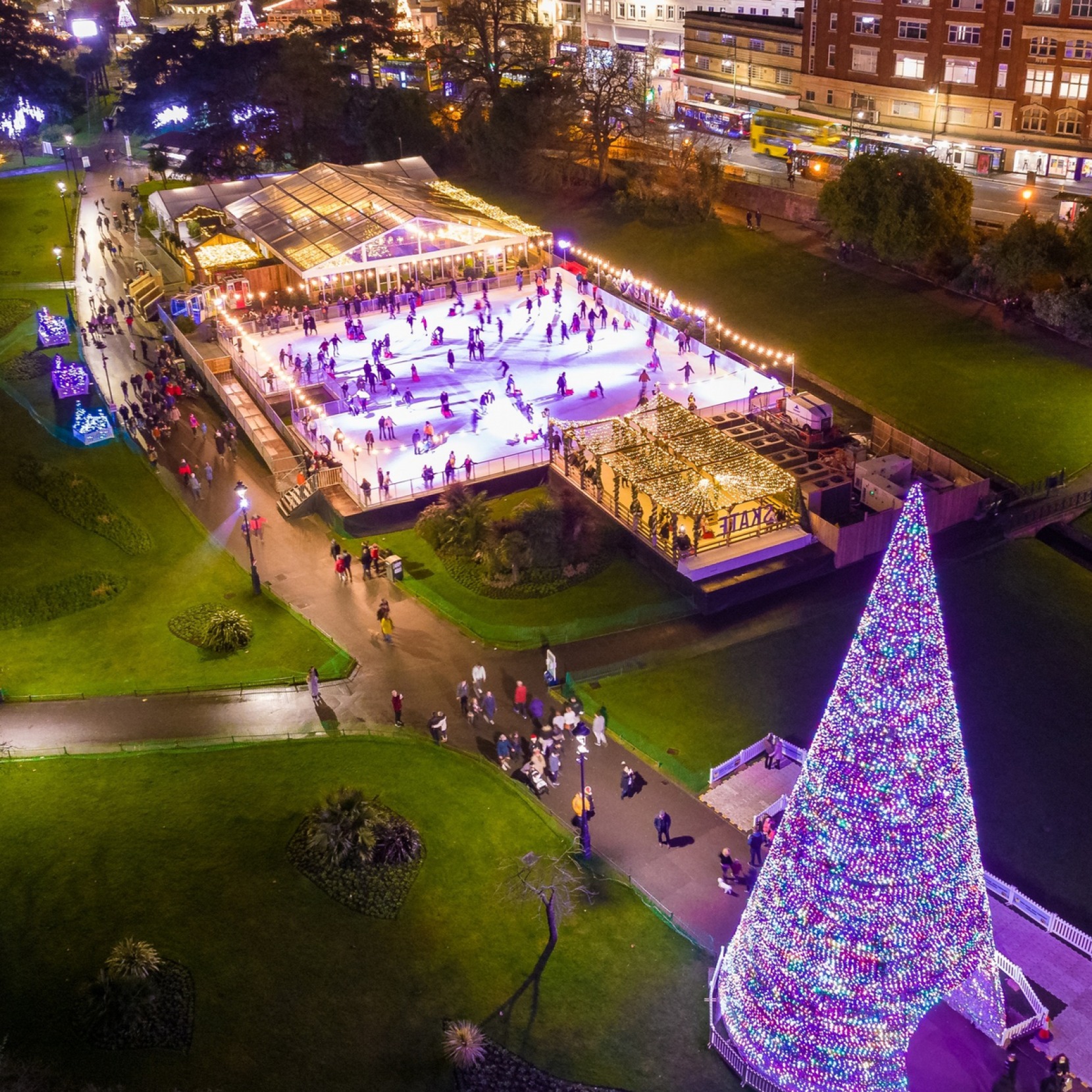 Birds eye view show of Bournemouth Skate in Lower Gardens at night. 