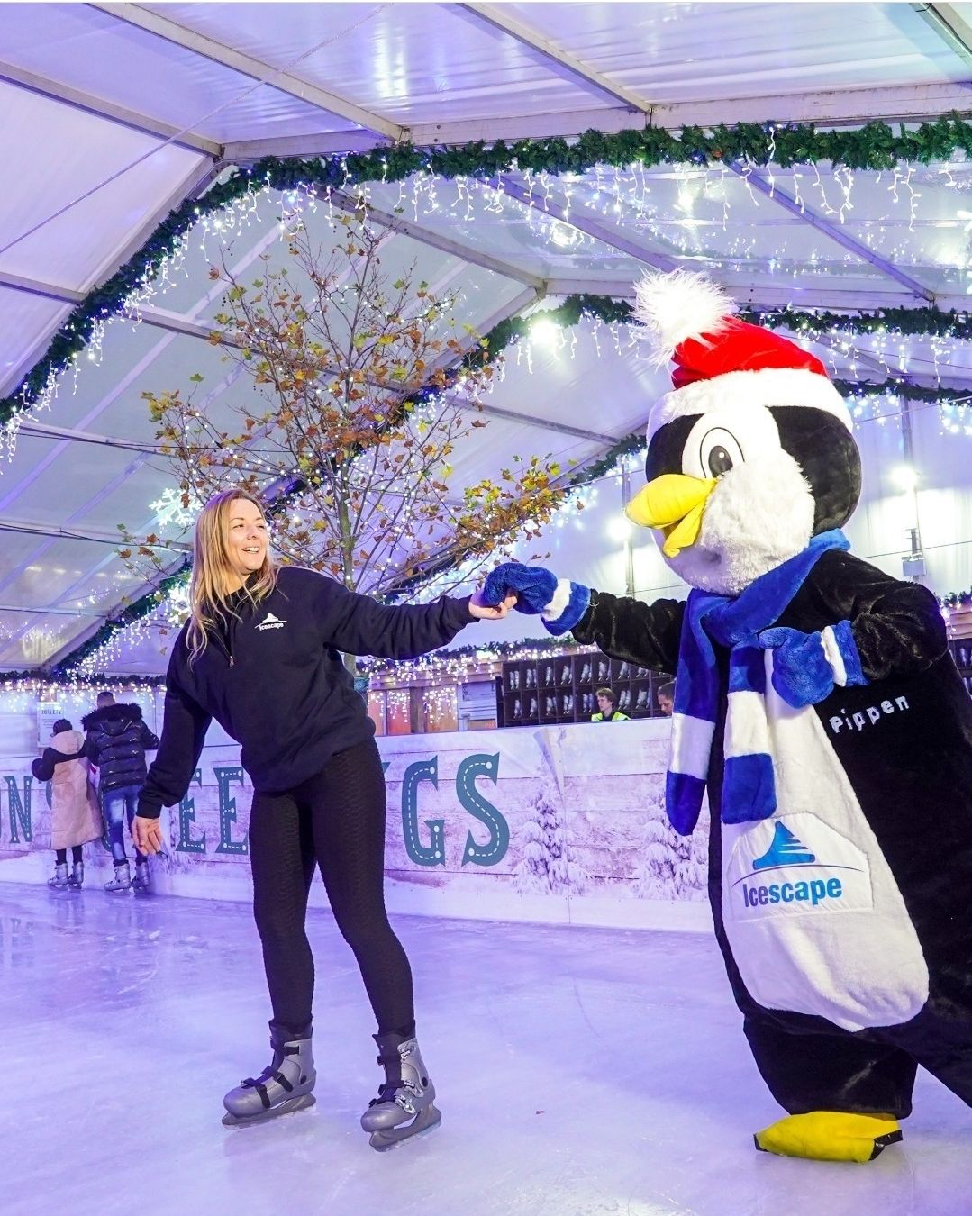 Icescape mascot Pippen the Penguin on the ice. 