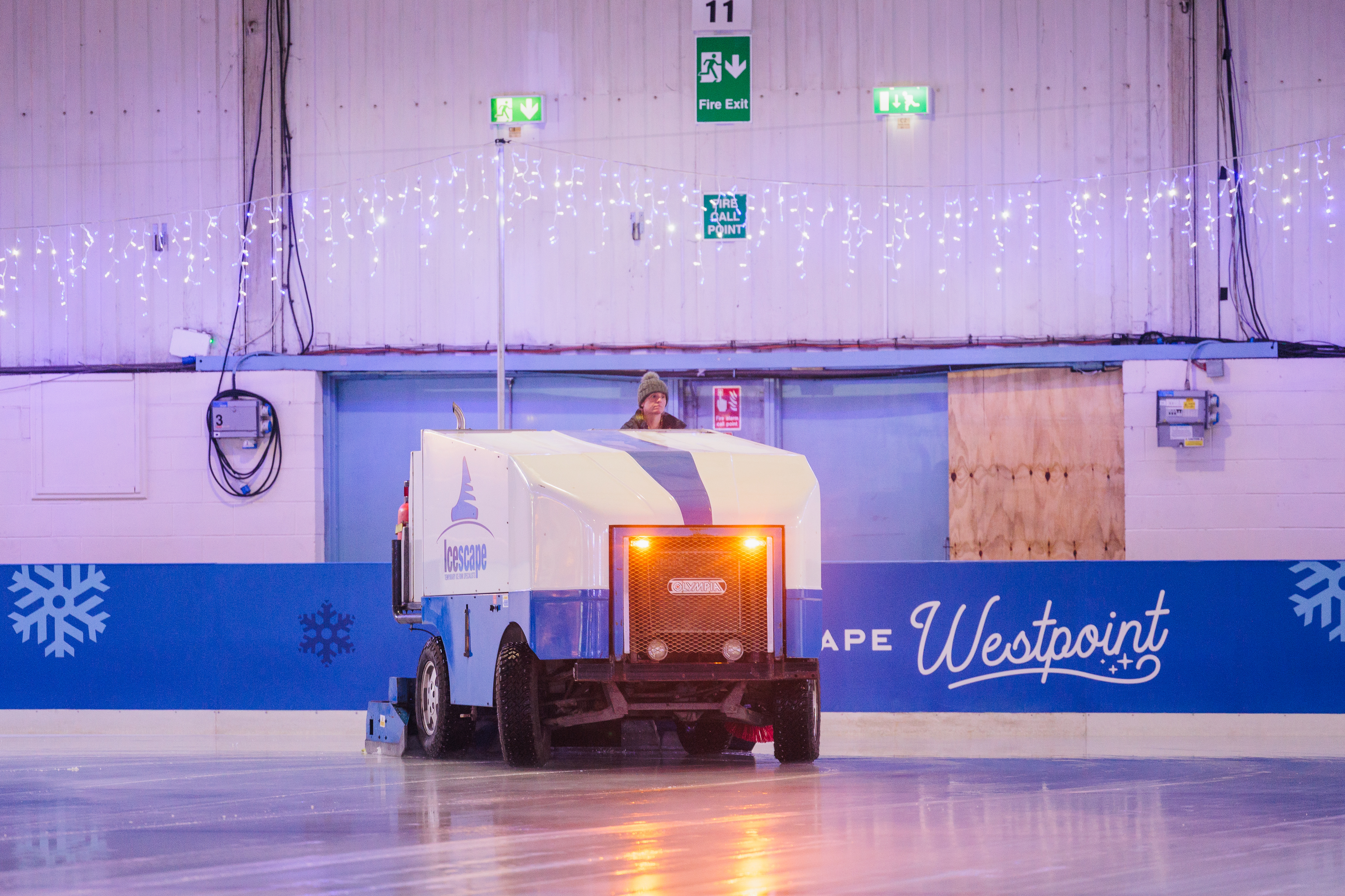 A real temporary ice rink having the ice resurfaced with an Olympia machine. 